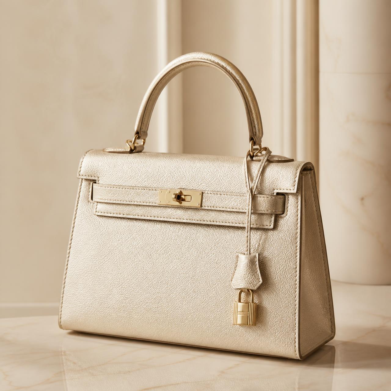 A champagne gold designer handbag on a marble pedestal