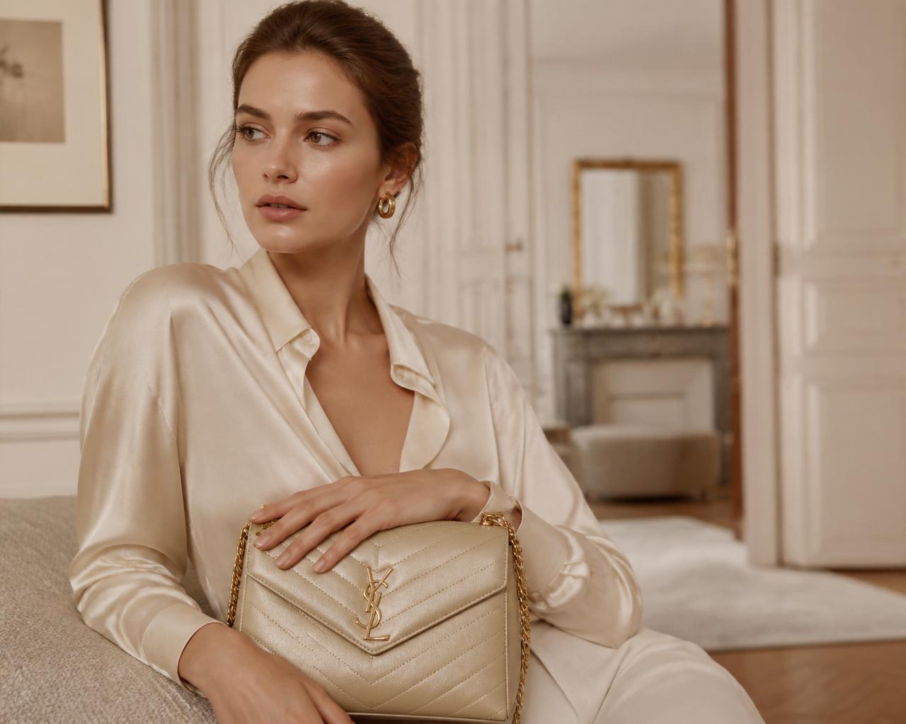 An elegant woman holding a champagne gold designer handbag